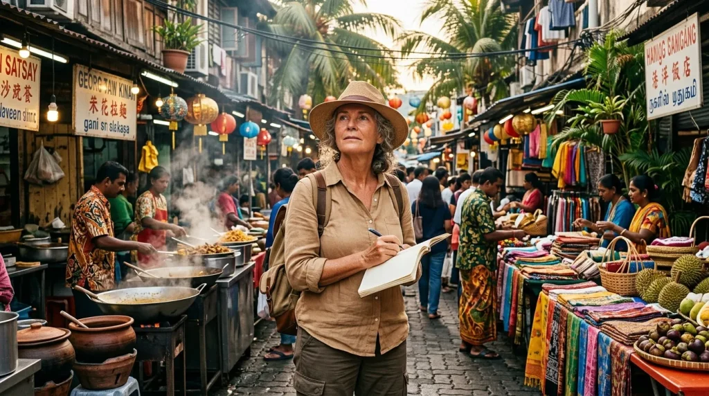 Femme touriste écrivant notes dans marché coloré asiatique