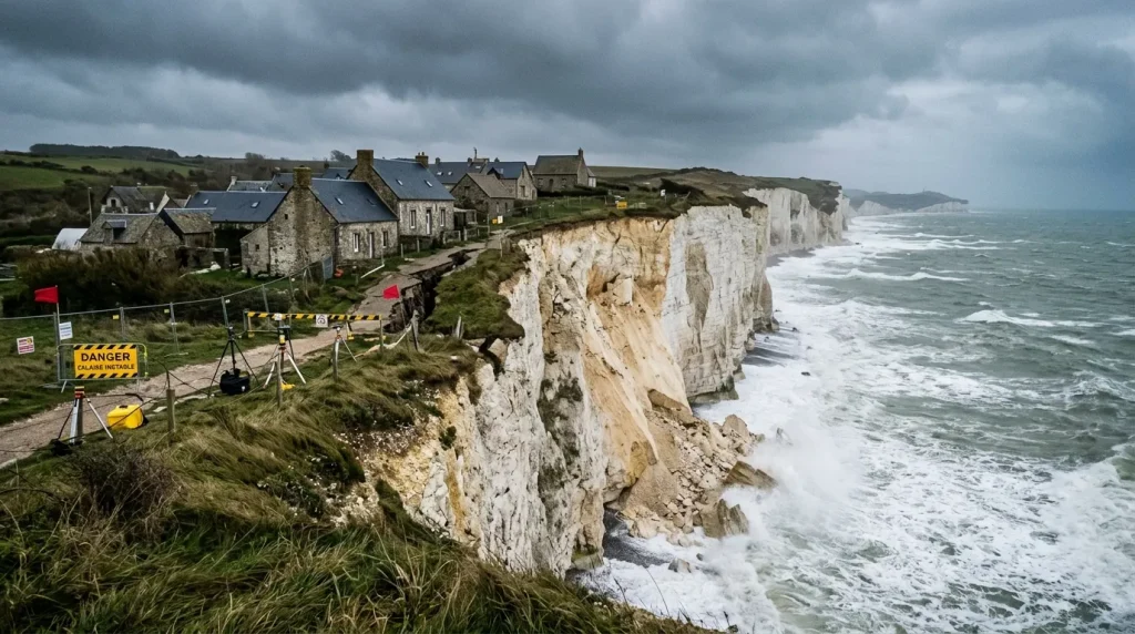 Maisons côtières au bord de falaises blanches escarpées