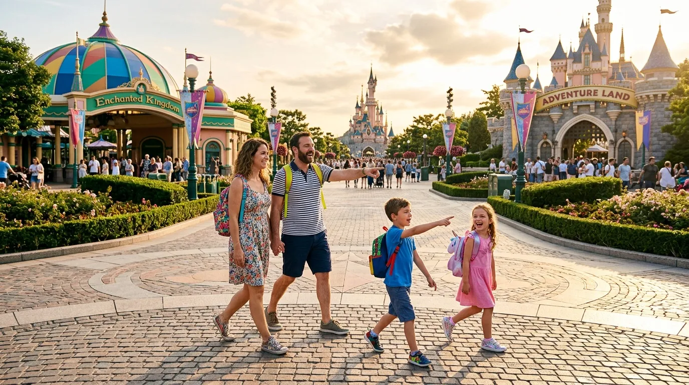 Famille heureuse marchant devant le château de Cendrillon à Disney
