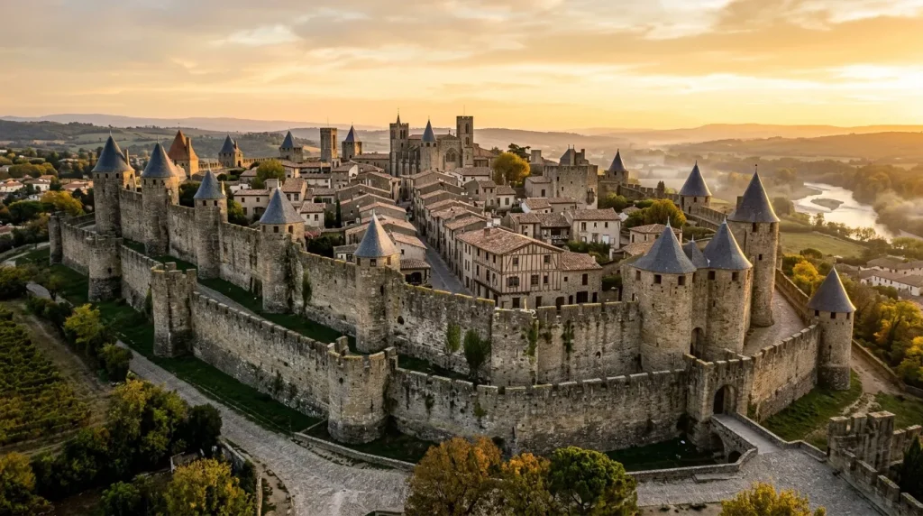 Château fortifié médiéval avec tours et remparts au coucher soleil