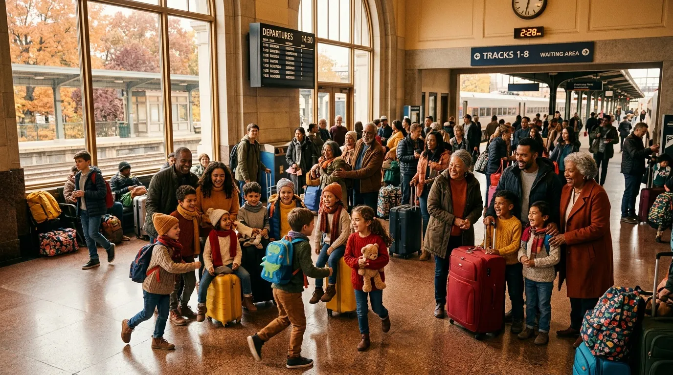 Famille nombreuse attendant train dans gare animée