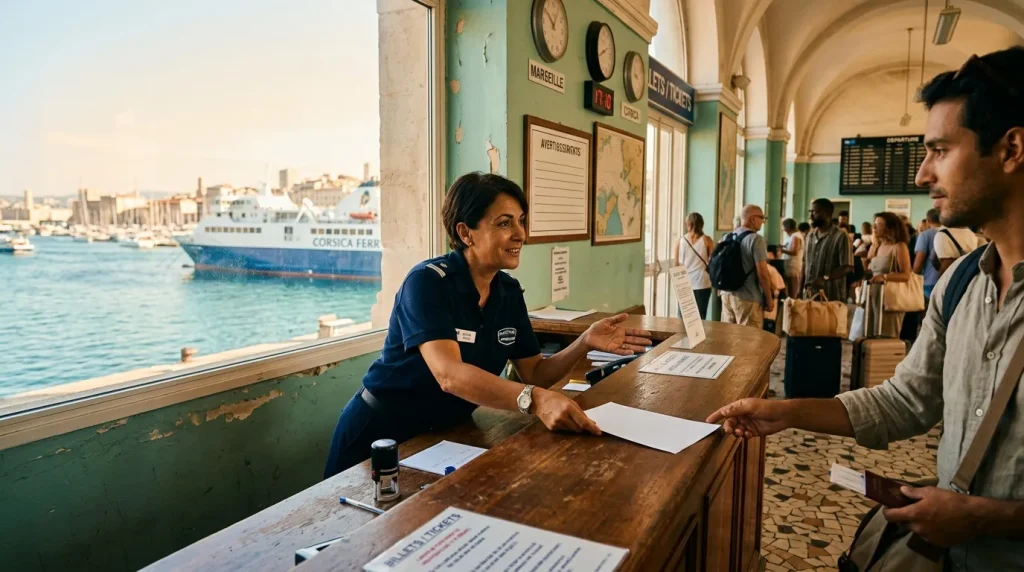 Agent au guichet de vente de billets de ferry côtier.