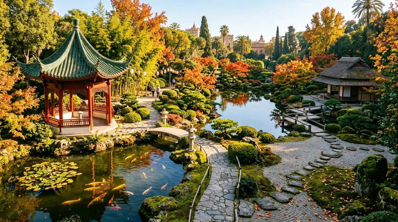 Pavillon asiatique dans un jardin japonais automnal avec étang et poissons