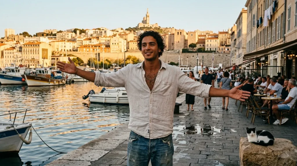 Homme souriant, bras écartés, devant le port de Marseille