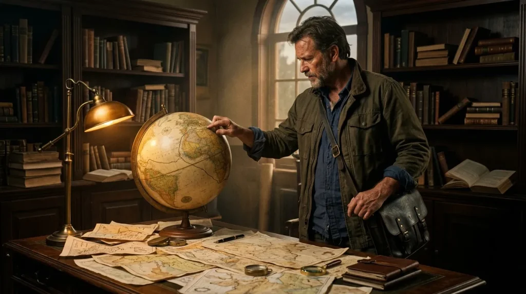 Homme examinant un globe terrestre dans une bibliothèque historique.