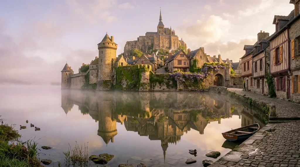 Château médiéval se reflétant dans l'eau calme du matin