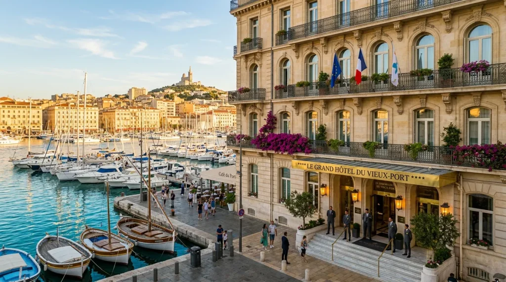 Hôtel luxueux dominant le port méditerranéen avec bateaux