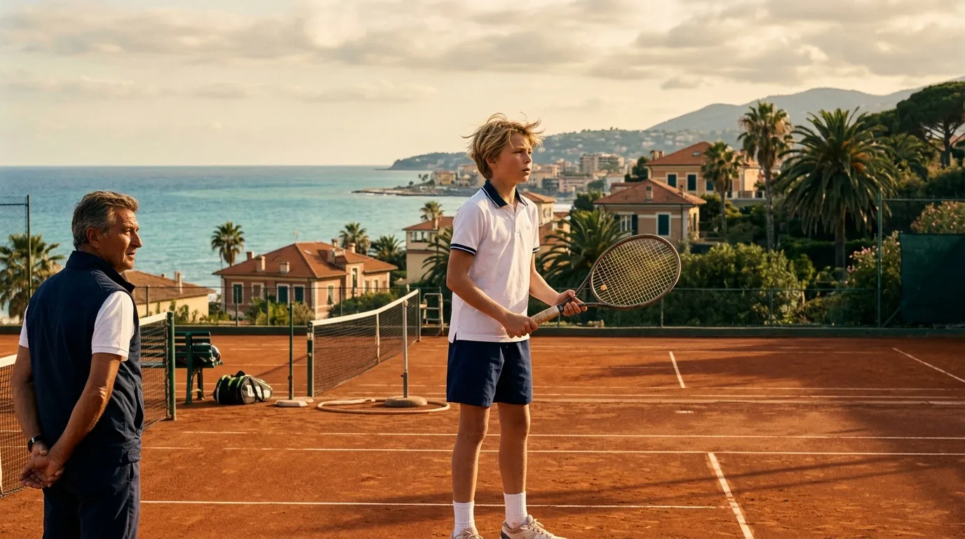 Jeune joueur de tennis avec entraîneur face à la mer méditerranéenne