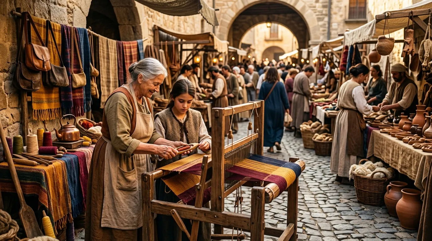 Femmes tissant à un métier dans un marché historique animé