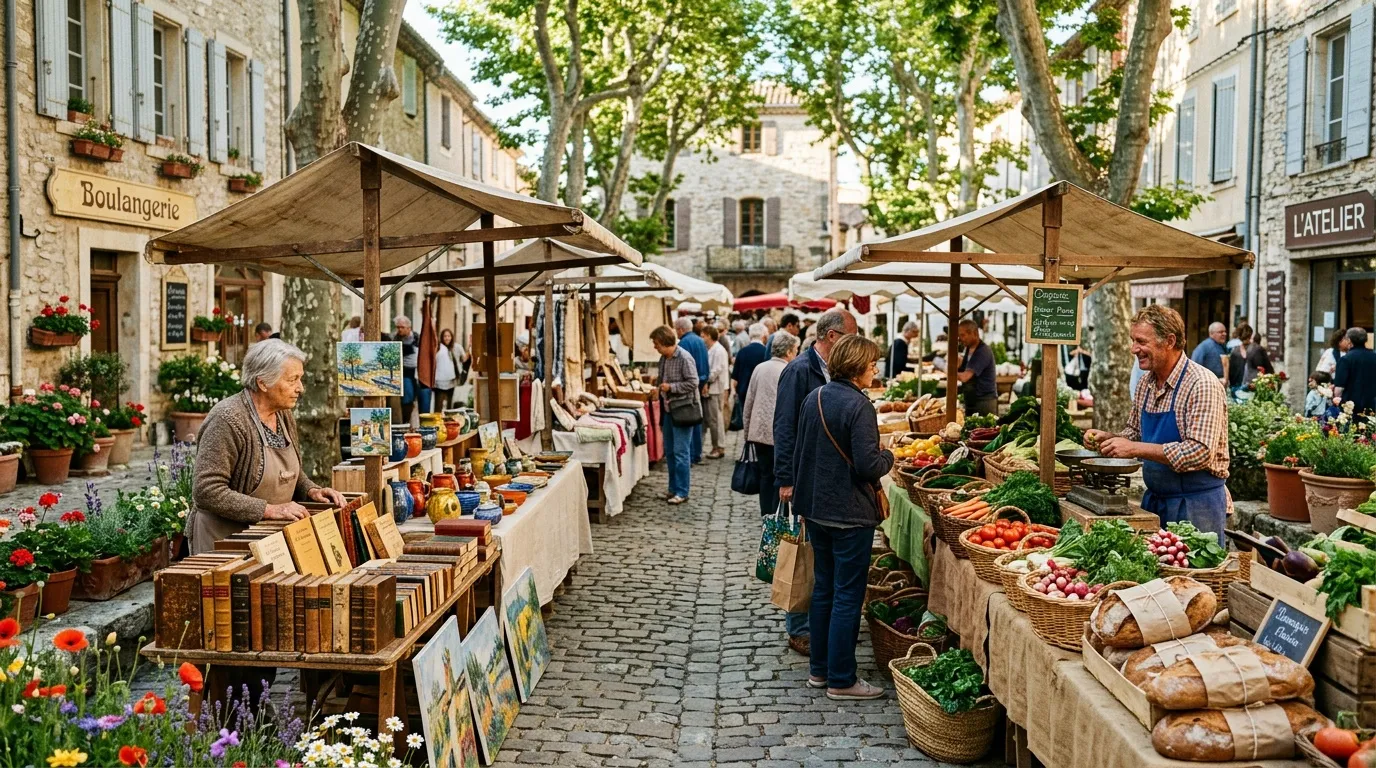 Marché local avec vendeurs, produits frais et fleurs colorées