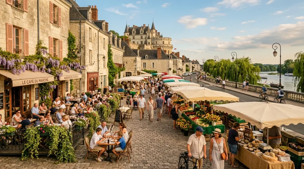 Marché animé au bord de la Loire avec château en arrière-plan