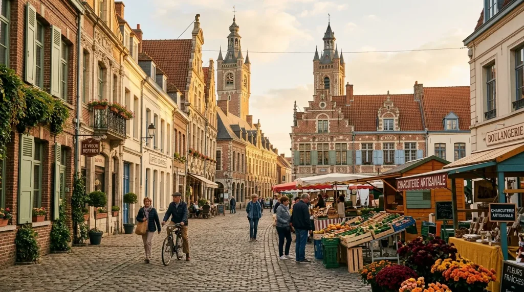 Marché coloré en rue pavée avec tours médiévales architecturales