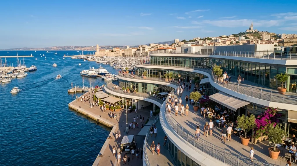 Vue aérienne du Vieux-Port de Marseille avec bâtiment moderne