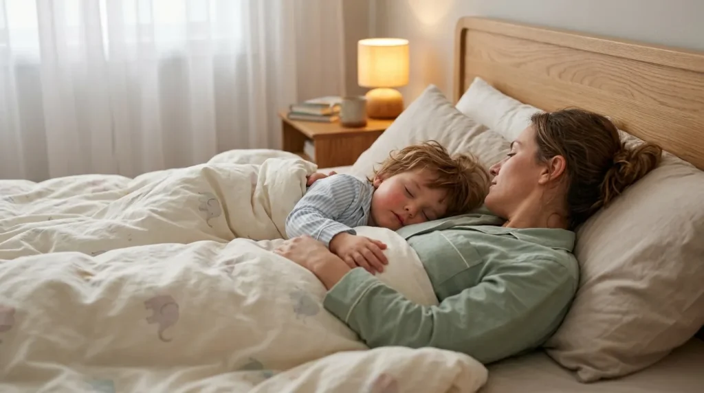 Femme et jeune enfant endormis ensemble dans un lit douillet