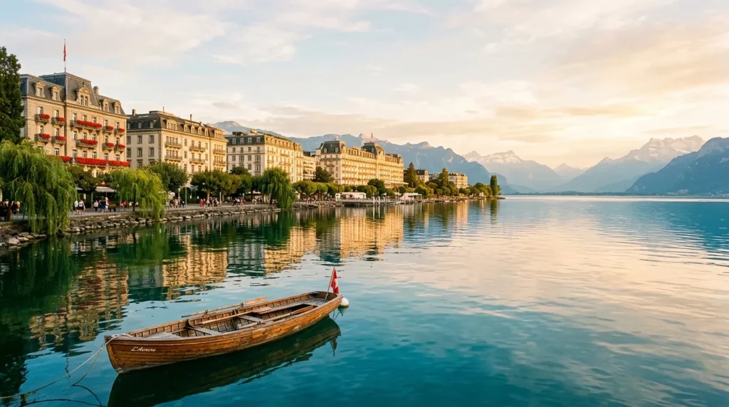 Bateau bois amarré face aux bâtiments historiques de Montreux et montagnes