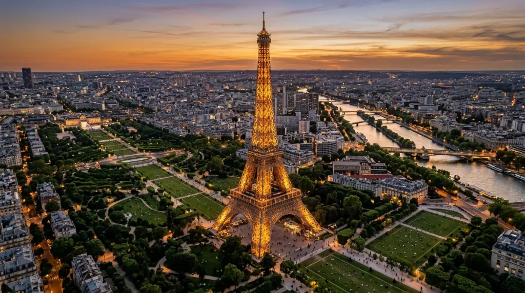 Vue aérienne de Paris illuminée avec la Tour Eiffel au coucher du soleil