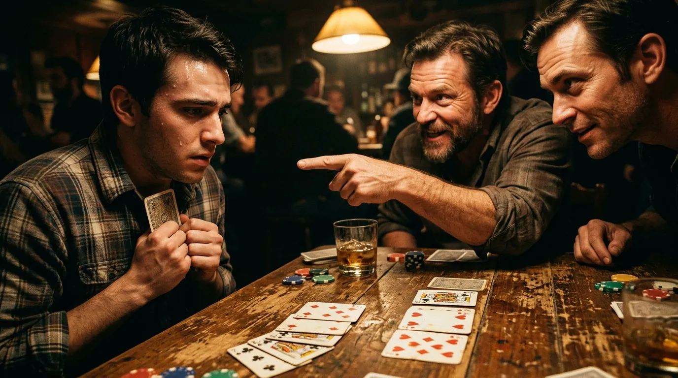 Quatre hommes jouent au poker autour d'une table en bois