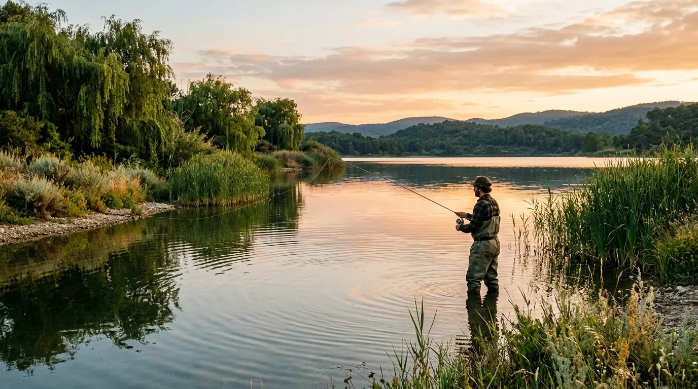 Pêcheur en waders dans un lac au coucher soleil