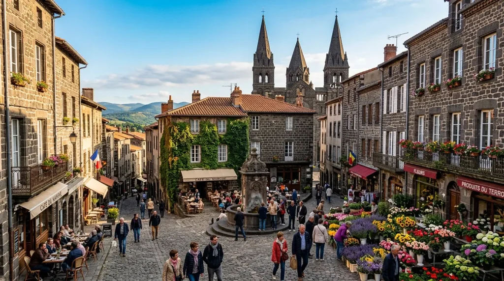 Place médiévale avec cathédrale, fleurs, terrasses et touristes