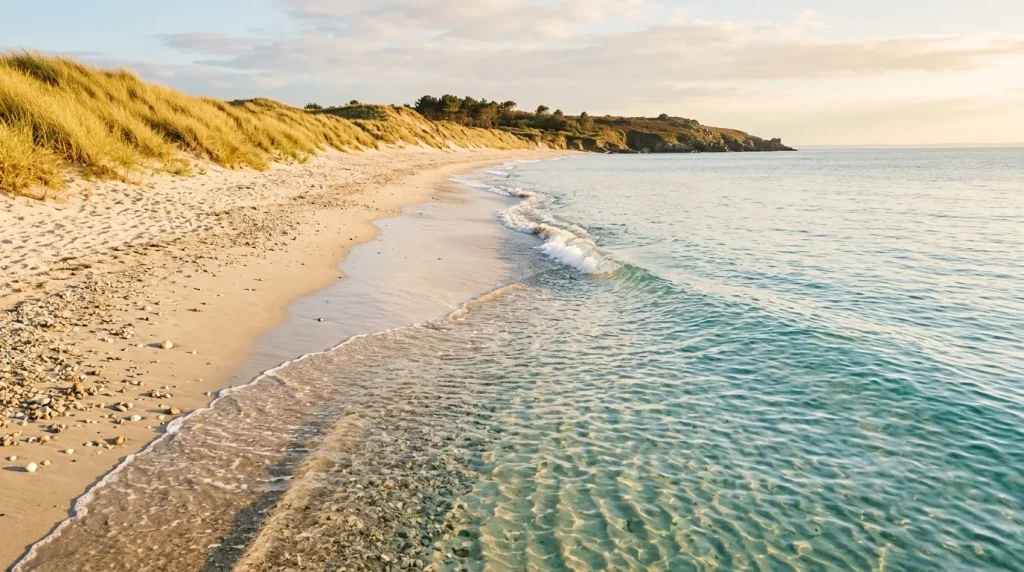 Plage de sable avec dunes herbeuses et falaises côtières