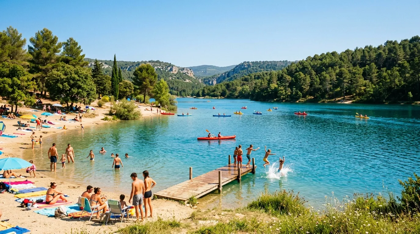 Plage animée avec baigneurs, bateaux et montagnes boisées