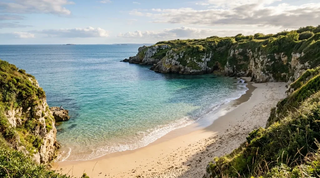 Petite plage de sable blanc entourée de falaises verdoyantes