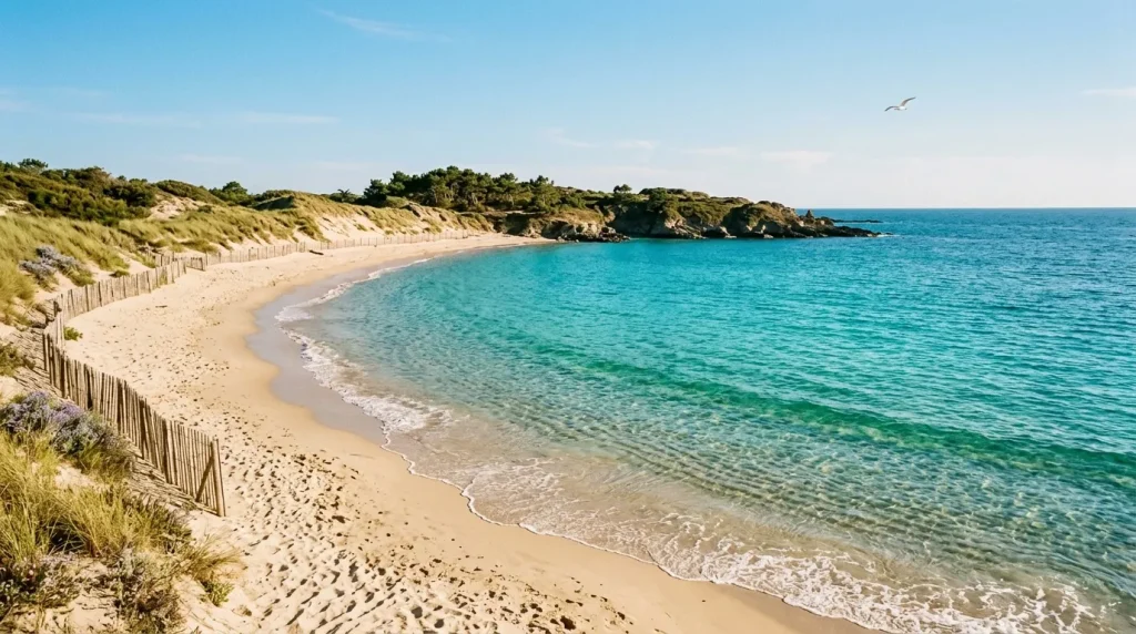 Plage de sable fin avec eau turquoise et dunes herbeuses