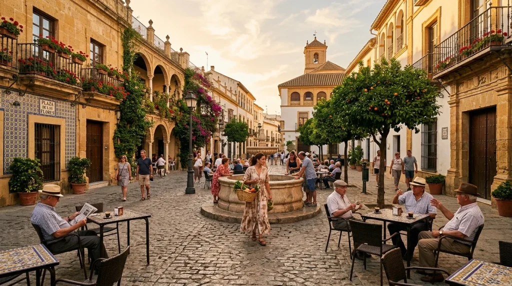 Place historique espagnole avec fontaine, bâtiments coloniaux et passants
