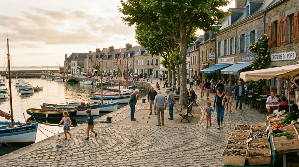 Petit port de pêche breton avec bateaux, restaurants et touristes