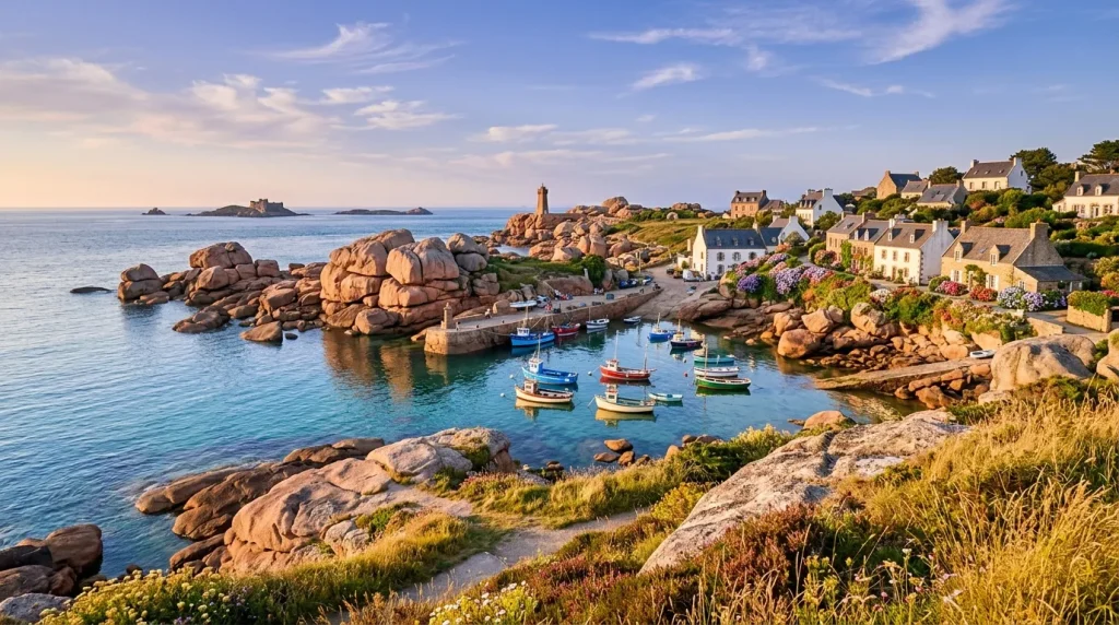 Village côtier breton avec rochers, bateaux et maisons traditionnelles