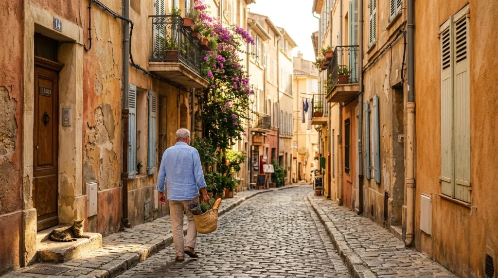 Homme marchant dans une ruelle pavée méditerranéenne avec fleurs