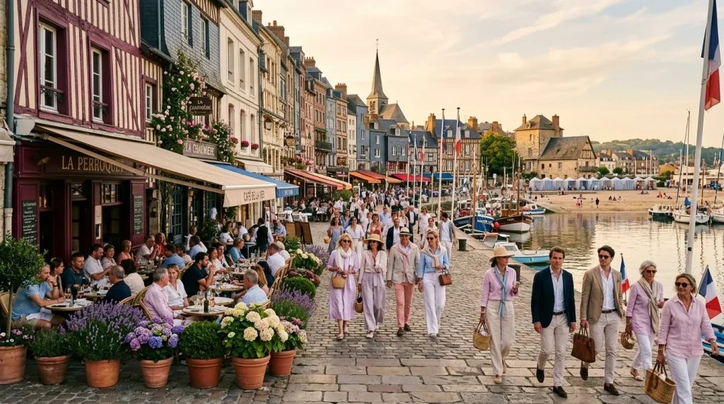 Port de Honfleur avec touristes, restaurants et architecture normande traditionnelle