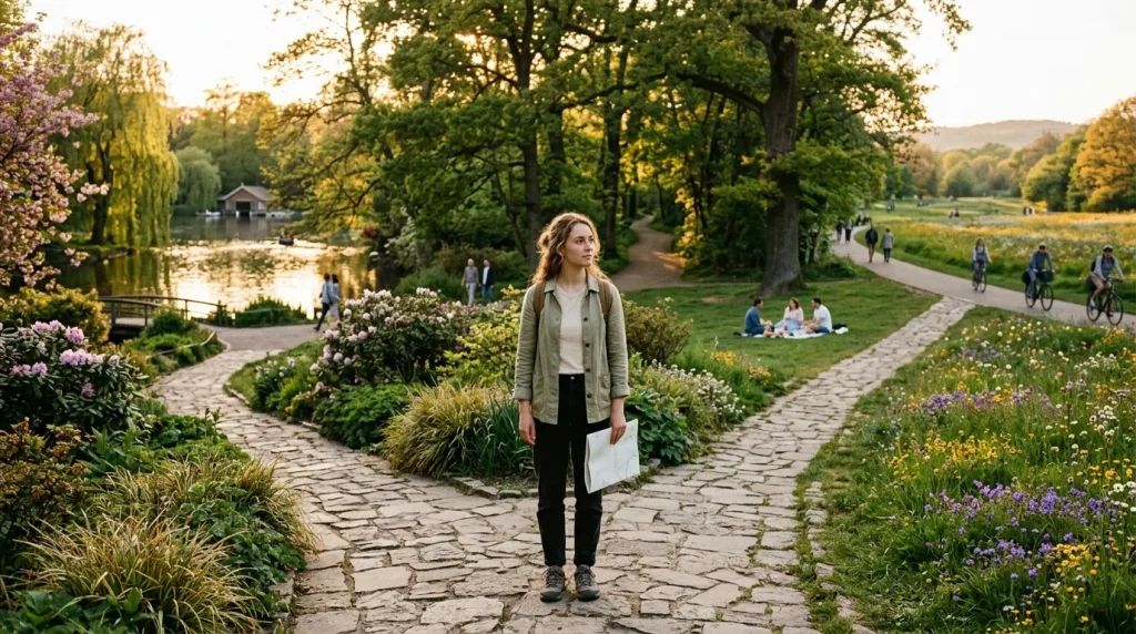 Femme marchant seule sur allée pavée, parc verdoyant avec fleurs