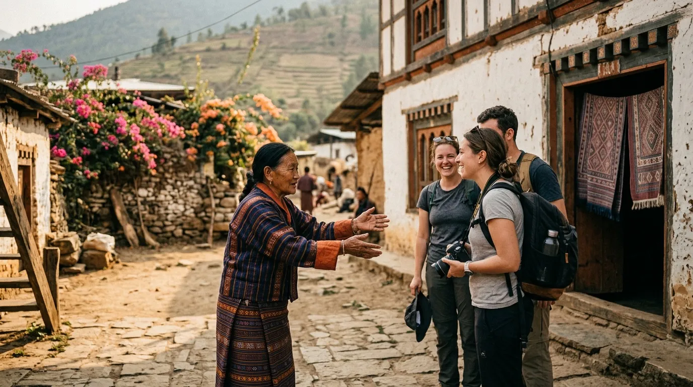 Femme locale bhoutanaise accueille des touristes dans village montagnard