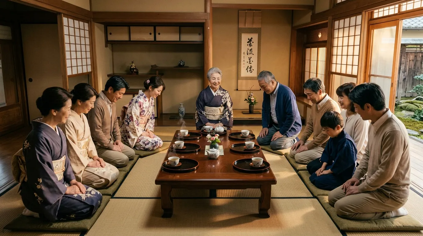 Famille asiatique réunie autour d'une table basse tatami
