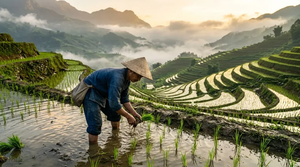 Agriculteur plante du riz dans terrasses inondées montagneuses