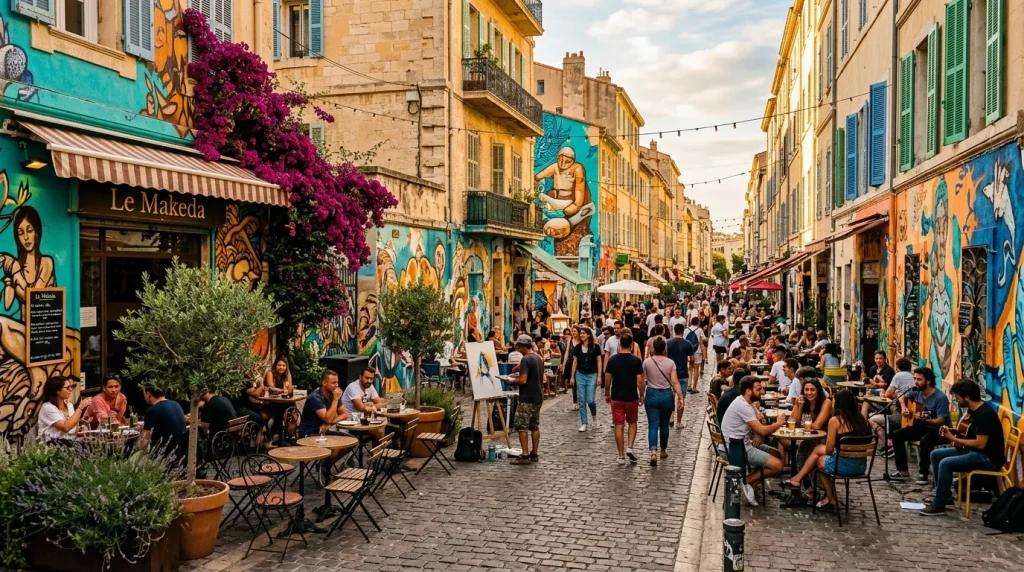 Rue piétonne avec terrasses, street art, foule de personnes