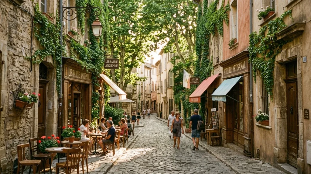 Ruelle pavée avec terrasse de café, bâtiments historiques et lierre