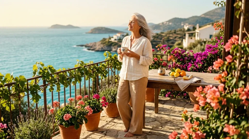 Femme souriante en terrasse méditerranéenne avec fleurs et vue mer