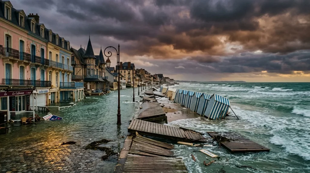 Plage française inondée avec cabines rayées bleues et blanches