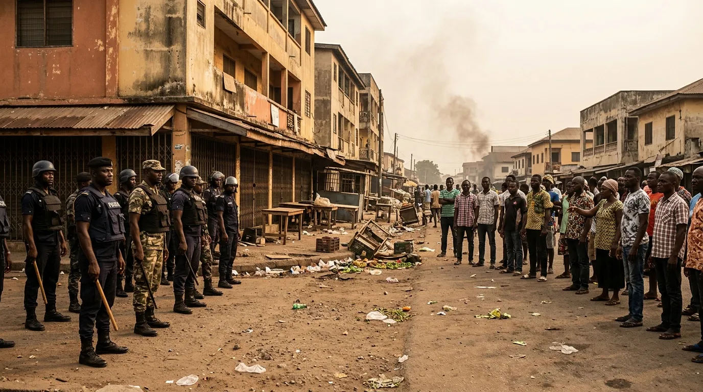 Forces de sécurité face à une foule dans une rue délabrée