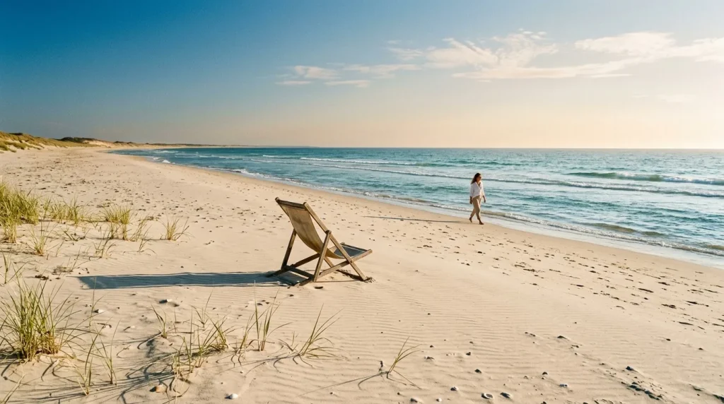Chaise longue vide sur plage avec personne marchant dans l'eau