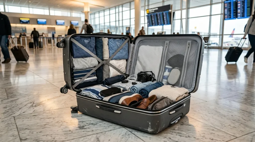 Valise bien organisée avec vêtements à l'aéroport