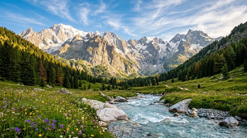 Vallée alpine avec ruisseau, fleurs sauvages et pics enneigés