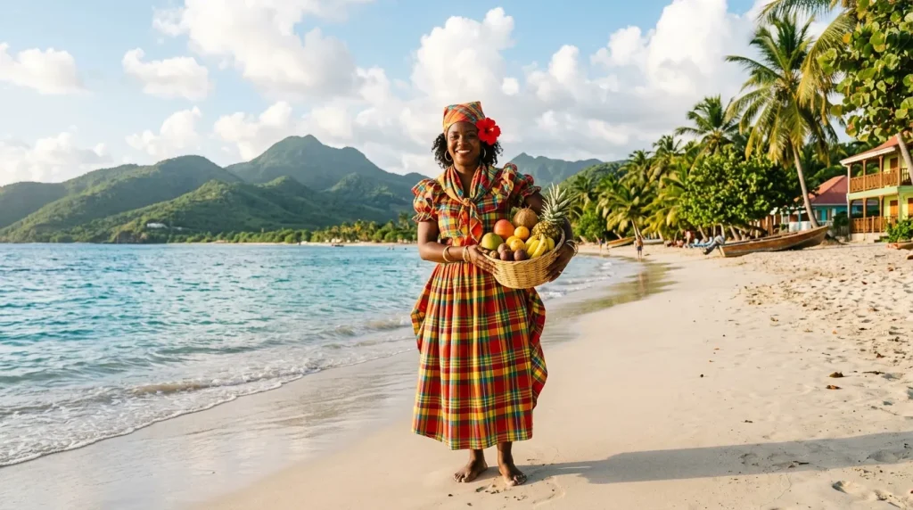 Femme en robe colorée vend fruits frais plage tropicale