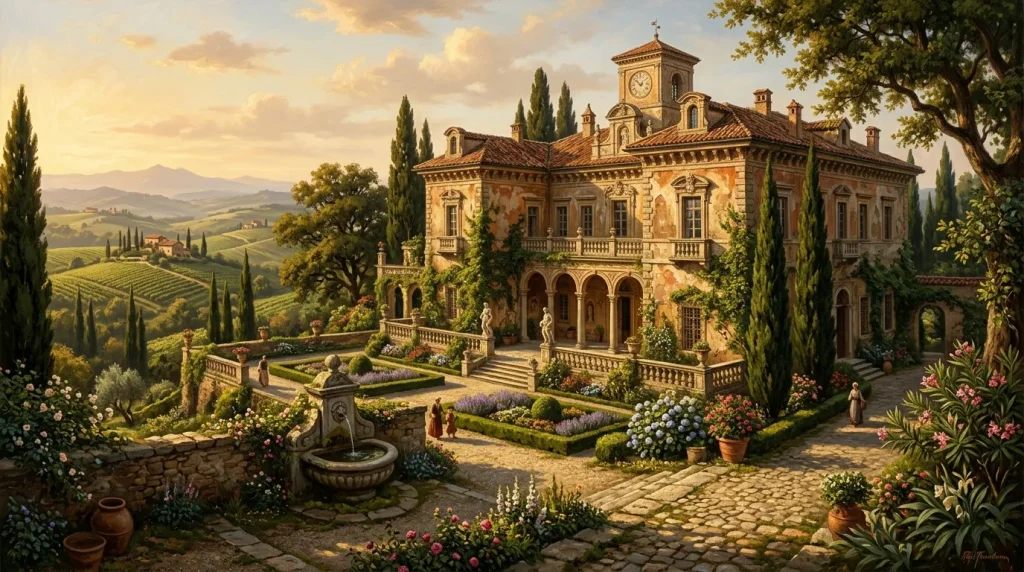 Demeure italienne Renaissance avec jardins, cyprès et vignobles vallonnés.