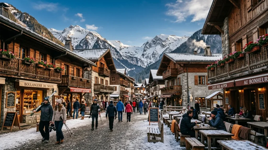 Rue piétonne enneigée d'un village alpin avec chalets et montagnes