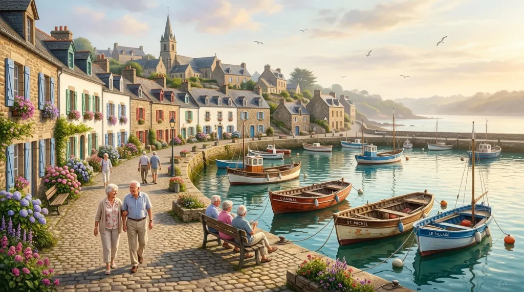 Village côtier avec maisons colorées, bateaux et habitants