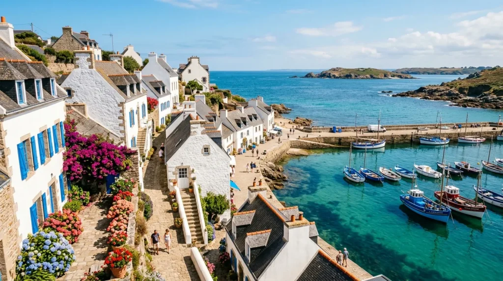 Port de pêche breton avec maisons blanches et bateaux colorés