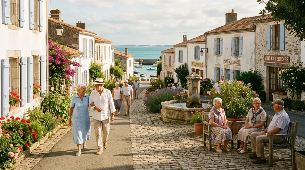 Villagers stroll through charming cobblestone streets overlooking coastal harbor